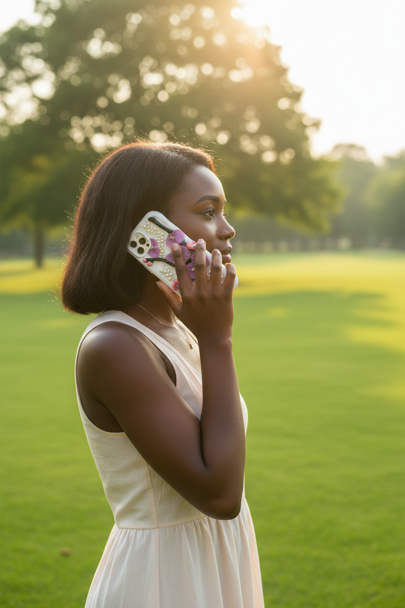 Phone case with purple flowers and pearls on a beige fabric background